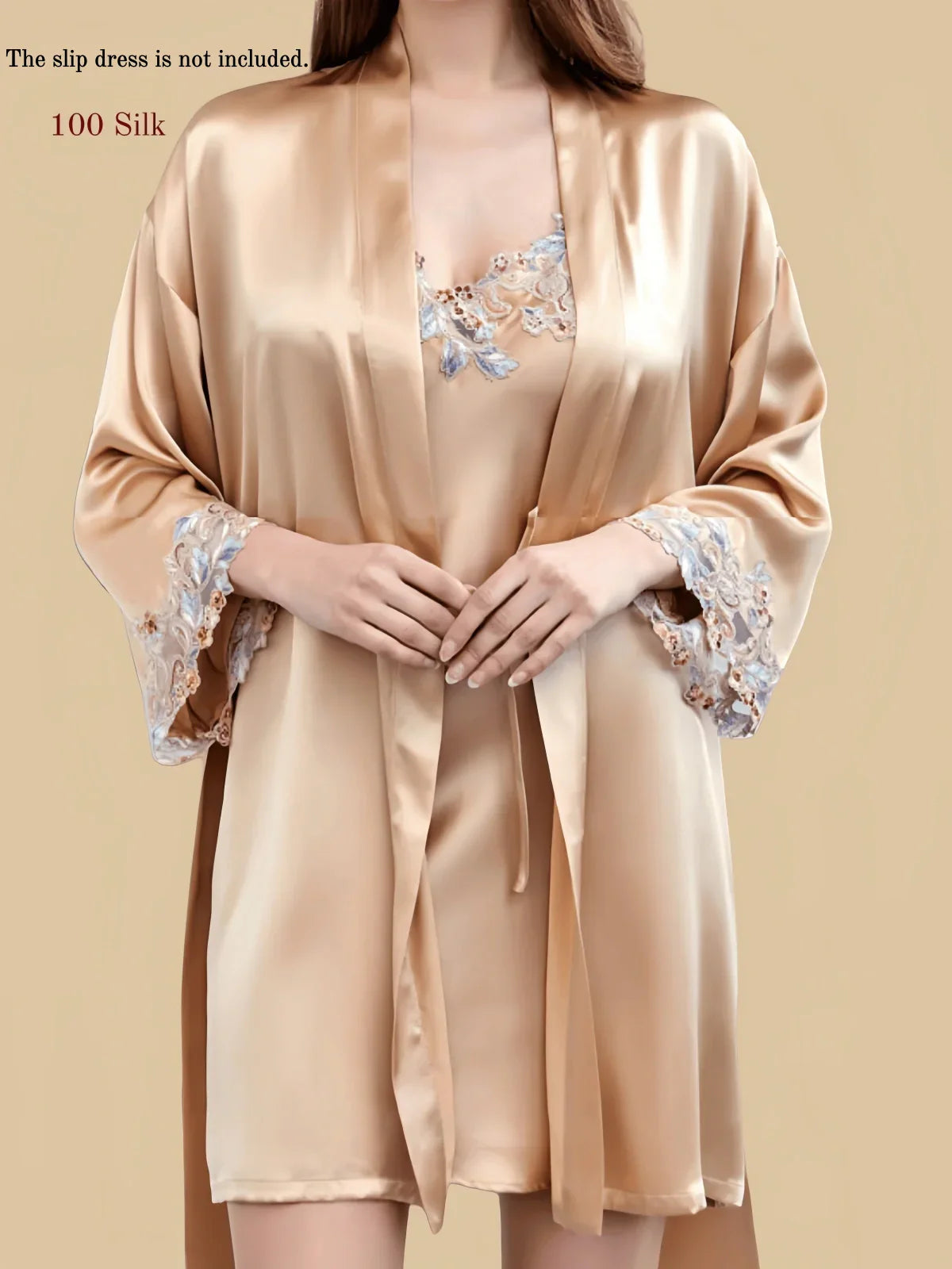100% Mulberry Silk 19Momme Lace Nightgown & Kimono Robe Set