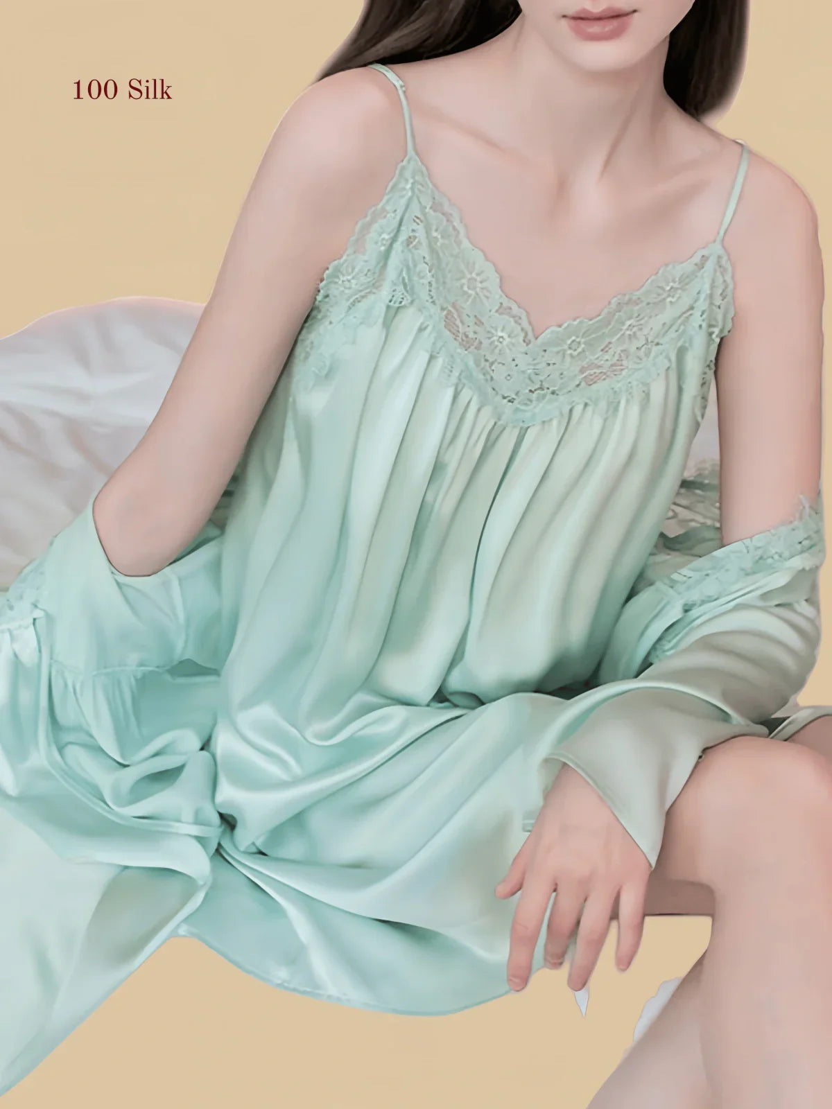 100% Mulberry Silk 19Momme V-Neck Midi Nightgown & Robe with Lace Design