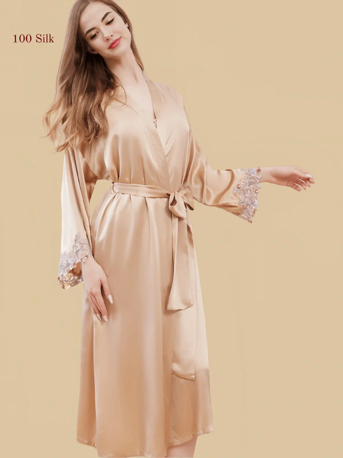100% Mulberry Silk 19Momme Midi Kimono Robe & Nightgown with Lace Design