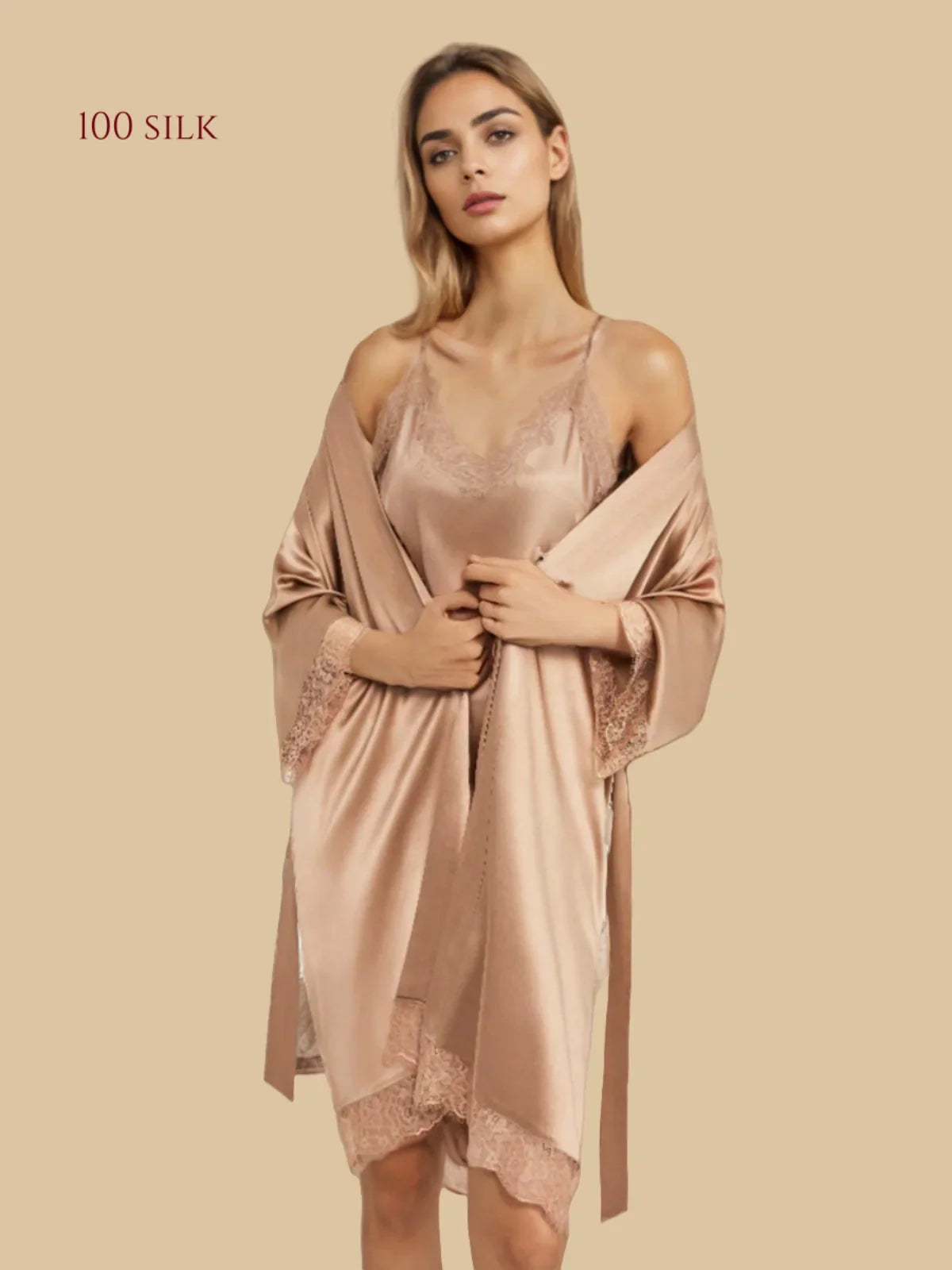 100% Mulberry Silk 19Momme Lace Trim Nightgown & Kimono Robe Set