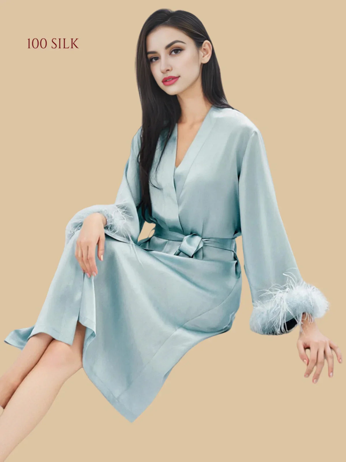 100% Mulberry Silk 19Momme Midi Kimono Robe & Nightgown with Feather-Trim Cuffs