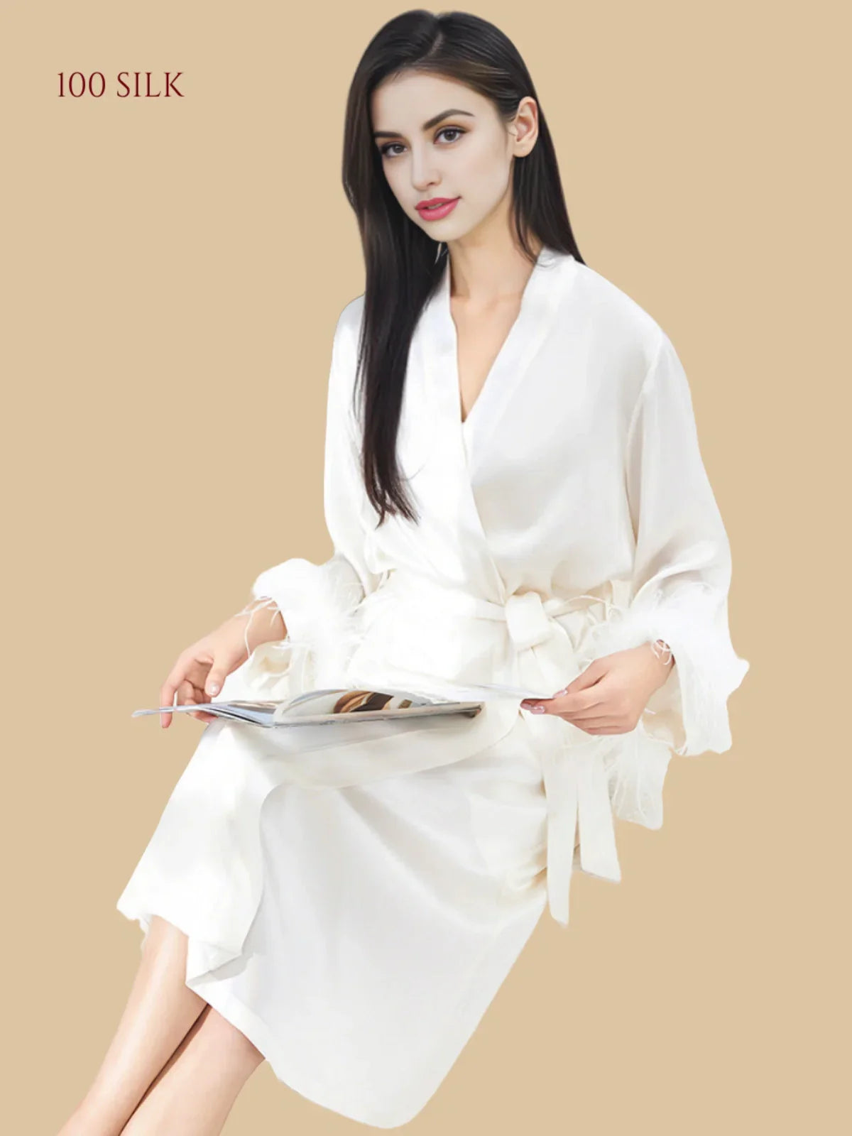 100% Mulberry Silk 19Momme Midi Kimono Robe & Nightgown with Feather-Trim Cuffs