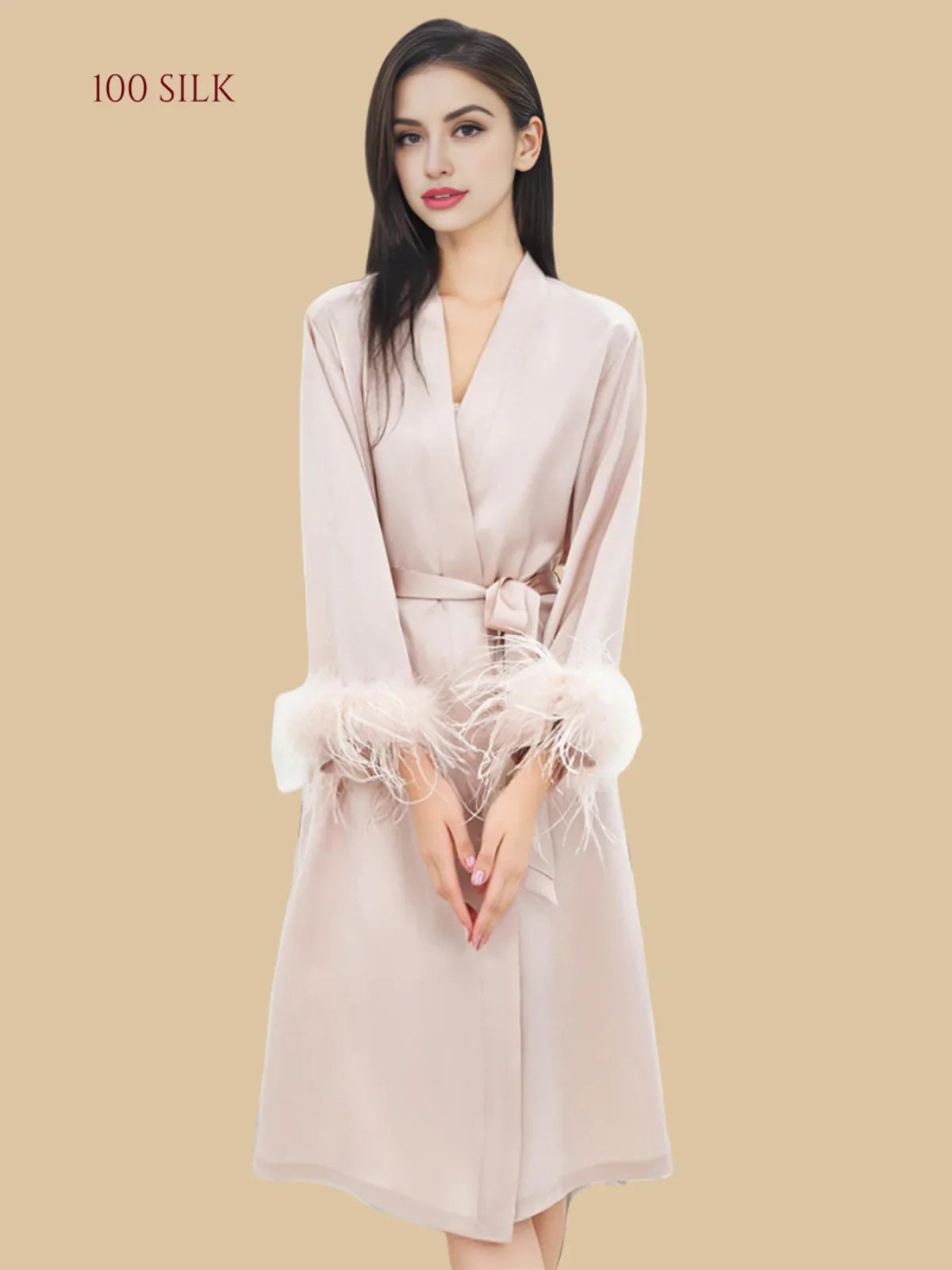 100% Mulberry Silk 19Momme Midi Kimono Robe & Nightgown with Feather-Trim Cuffs