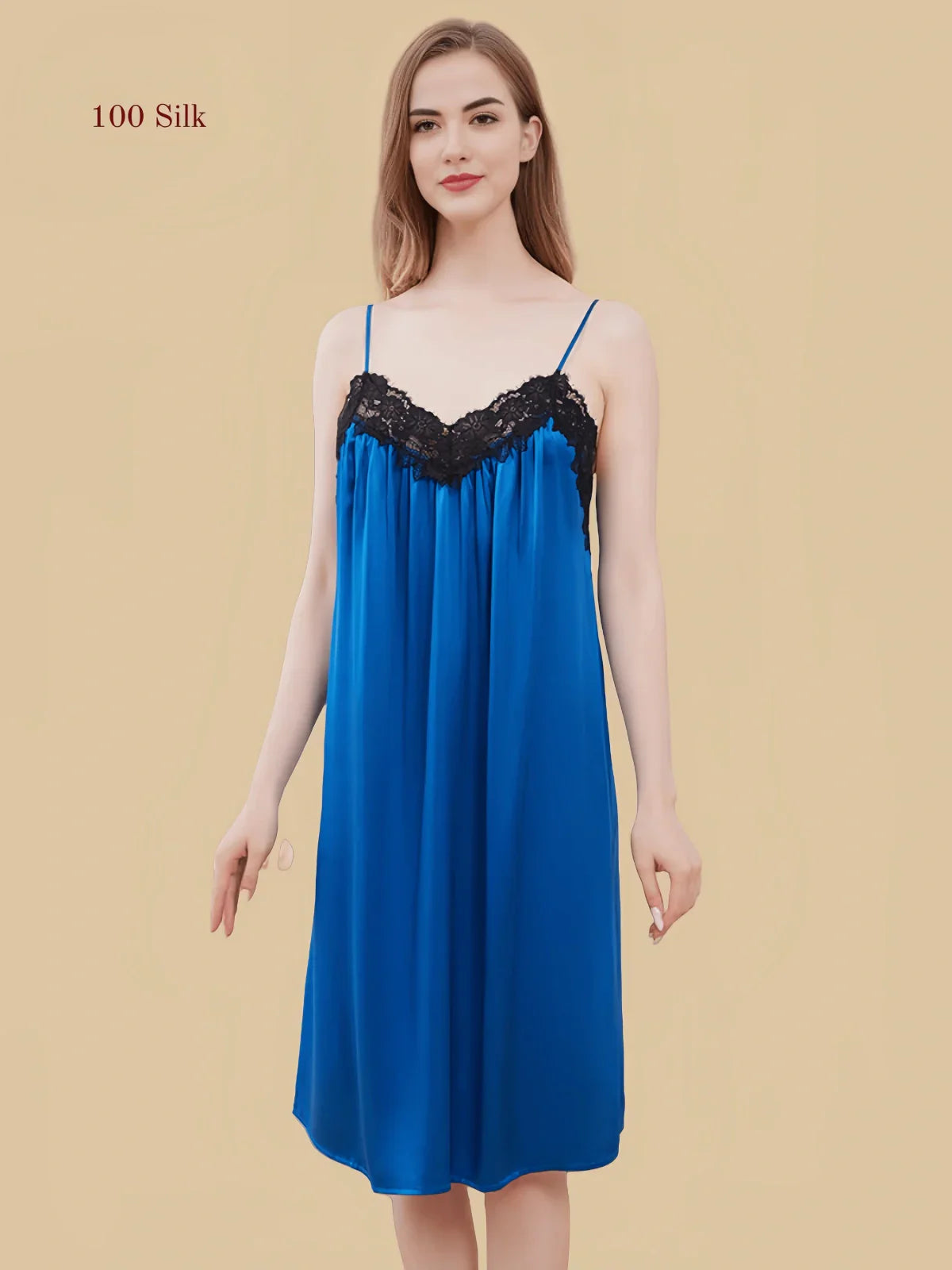 100% Mulberry Silk 19Momme V-Neck Midi Nightgown &amp; Robe with Lace Design