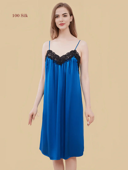 100% Mulberry Silk 19Momme V-Neck Midi Nightgown &amp; Robe with Lace Design