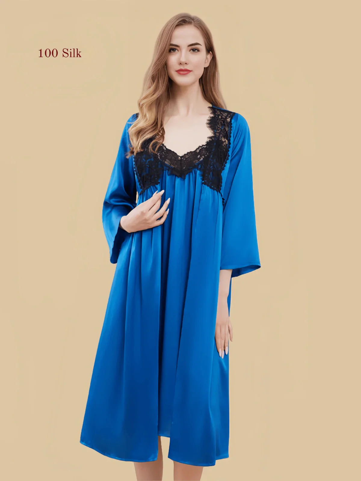 100% Mulberry Silk 19Momme V-Neck Midi Nightgown &amp; Robe with Lace Design