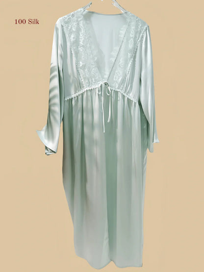 100% Mulberry Silk 19Momme V-Neck Midi Nightgown &amp; Robe with Lace Design