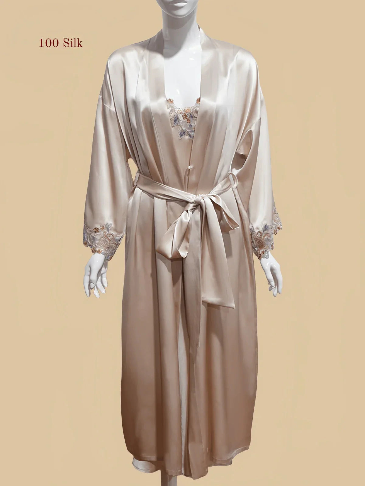 100% Mulberry Silk 19Momme Midi Kimono Robe &amp; Nightgown with Lace Design