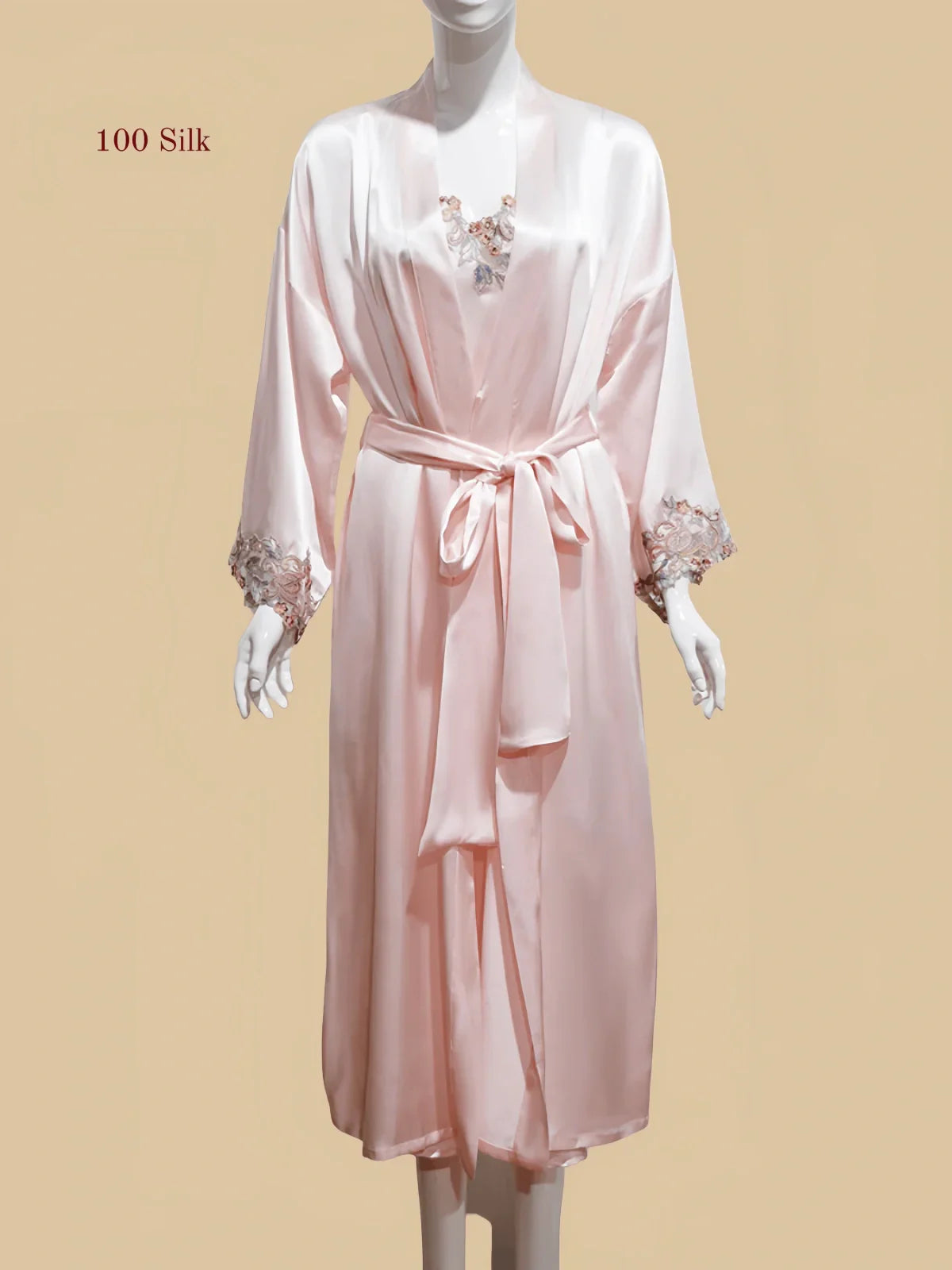 100% Mulberry Silk 19Momme Midi Kimono Robe &amp; Nightgown with Lace Design