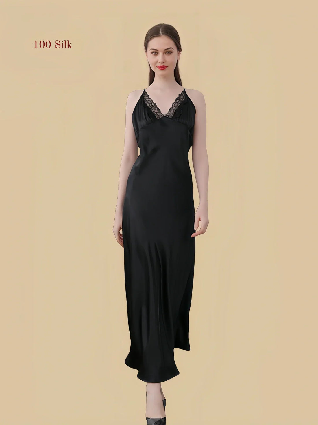 100% Mulberry Silk 19Momme V-Neck Maxi Nightgown with Lace Cross Back Design