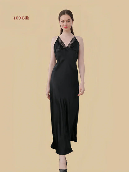 100% Mulberry Silk 19Momme V-Neck Maxi Nightgown with Lace Cross Back Design
