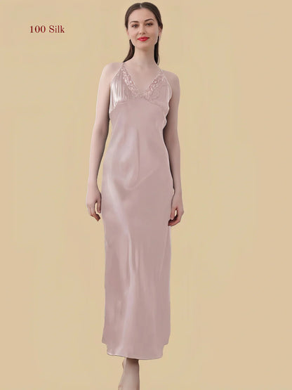 100% Mulberry Silk 19Momme V-Neck Maxi Nightgown with Lace Cross Back Design