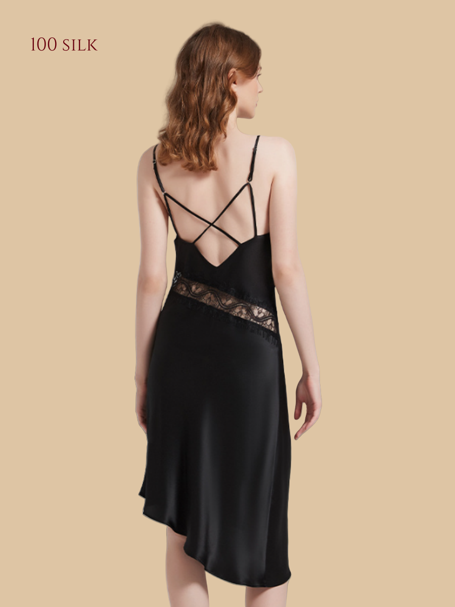 100% Mulberry Silk 19Momme Lace-Waist Nightgown with Criss-Cross Back