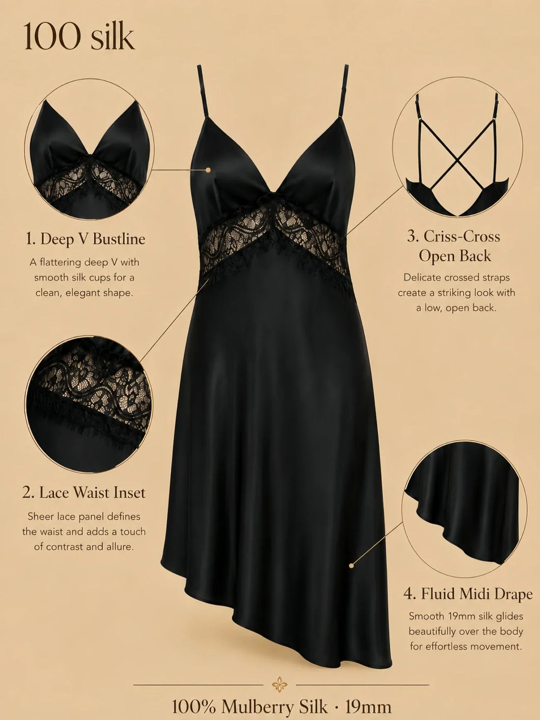 100% Mulberry Silk 19Momme Lace-Waist Nightgown with Criss-Cross Back