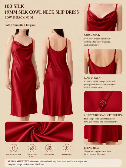 100% Mulberry Silk 19Momme Cowl Neck Spaghetti Strap Midi Nightgown