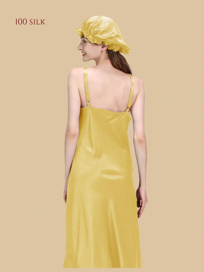 100% Mulberry Silk 22Momme V-Neck Spaghetti Strap Midi Nightgown