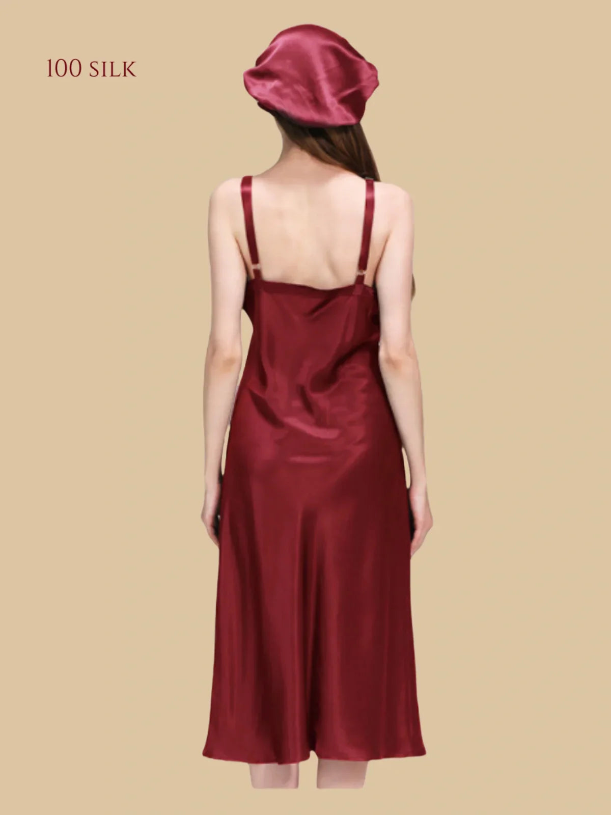 100% Mulberry Silk 22Momme V-Neck Spaghetti Strap Midi Nightgown