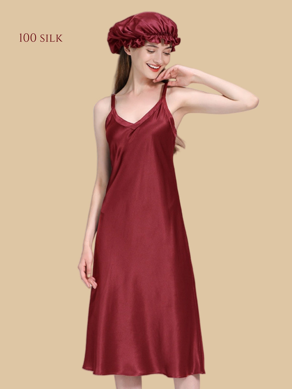 100% Mulberry Silk 22Momme V-Neck Spaghetti Strap Midi Nightgown