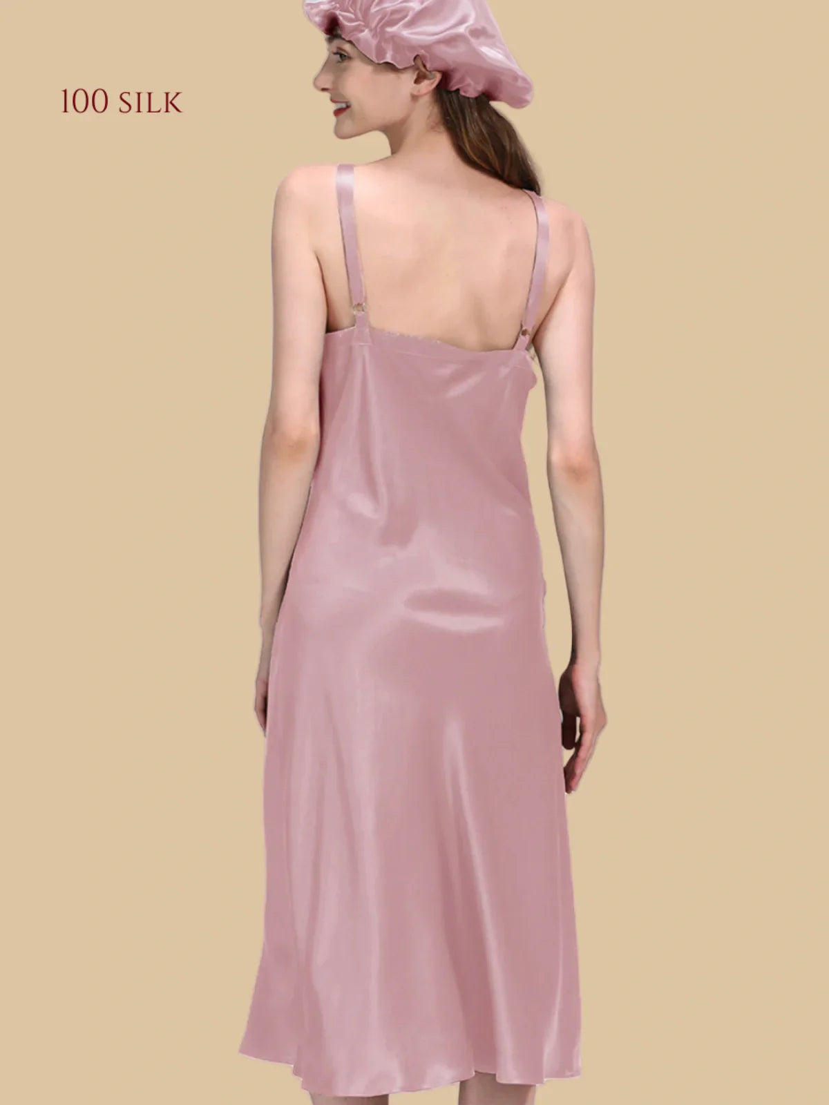 100% Mulberry Silk 22Momme V-Neck Spaghetti Strap Midi Nightgown