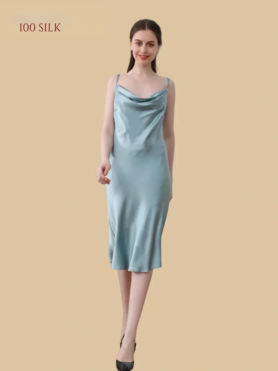 100% Mulberry Silk 19Momme Cowl Neck Spaghetti Strap Midi Nightgown