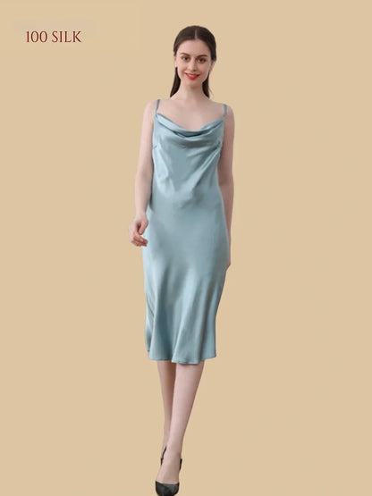 100% Mulberry Silk 19Momme Cowl Neck Spaghetti Strap Midi Nightgown