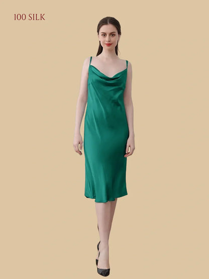 100% Mulberry Silk 19Momme Cowl Neck Spaghetti Strap Midi Nightgown