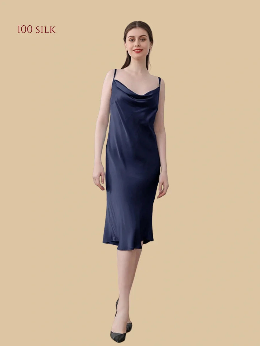 100% Mulberry Silk 19Momme Cowl Neck Spaghetti Strap Midi Nightgown