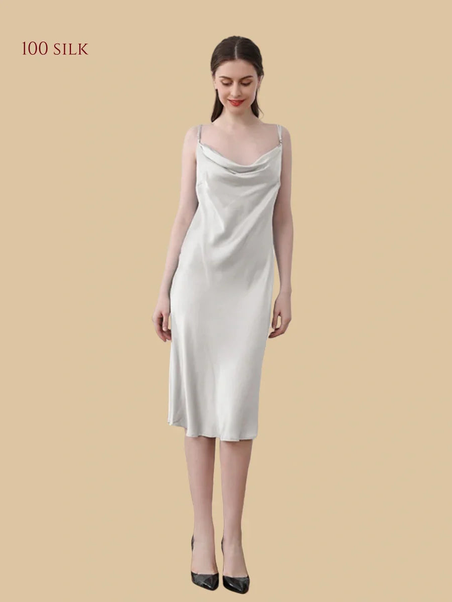 100% Mulberry Silk 19Momme Cowl Neck Spaghetti Strap Midi Nightgown