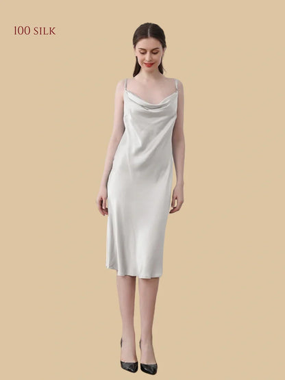100% Mulberry Silk 19Momme Cowl Neck Spaghetti Strap Midi Nightgown