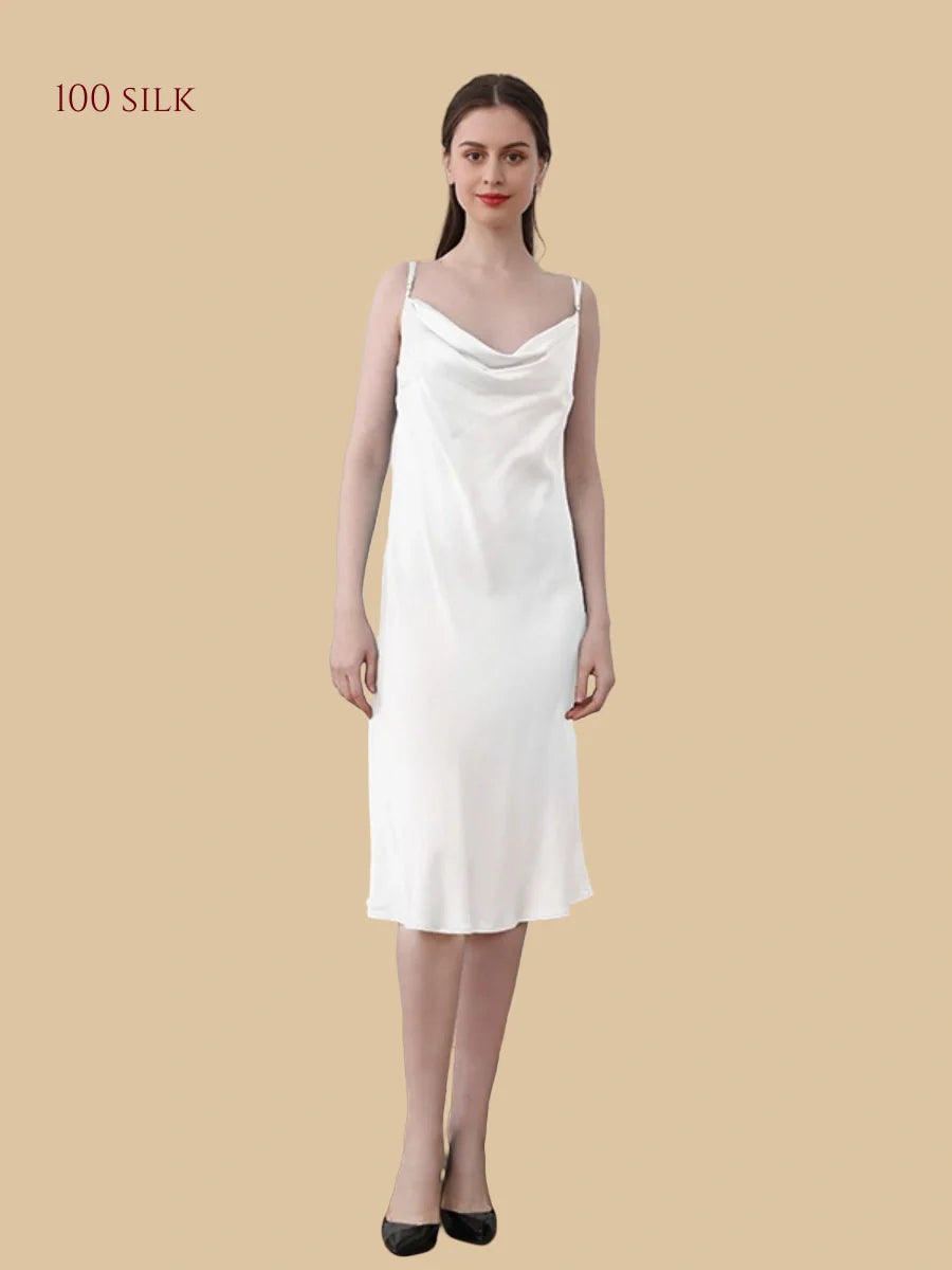 100% Mulberry Silk 19Momme Cowl Neck Spaghetti Strap Midi Nightgown
