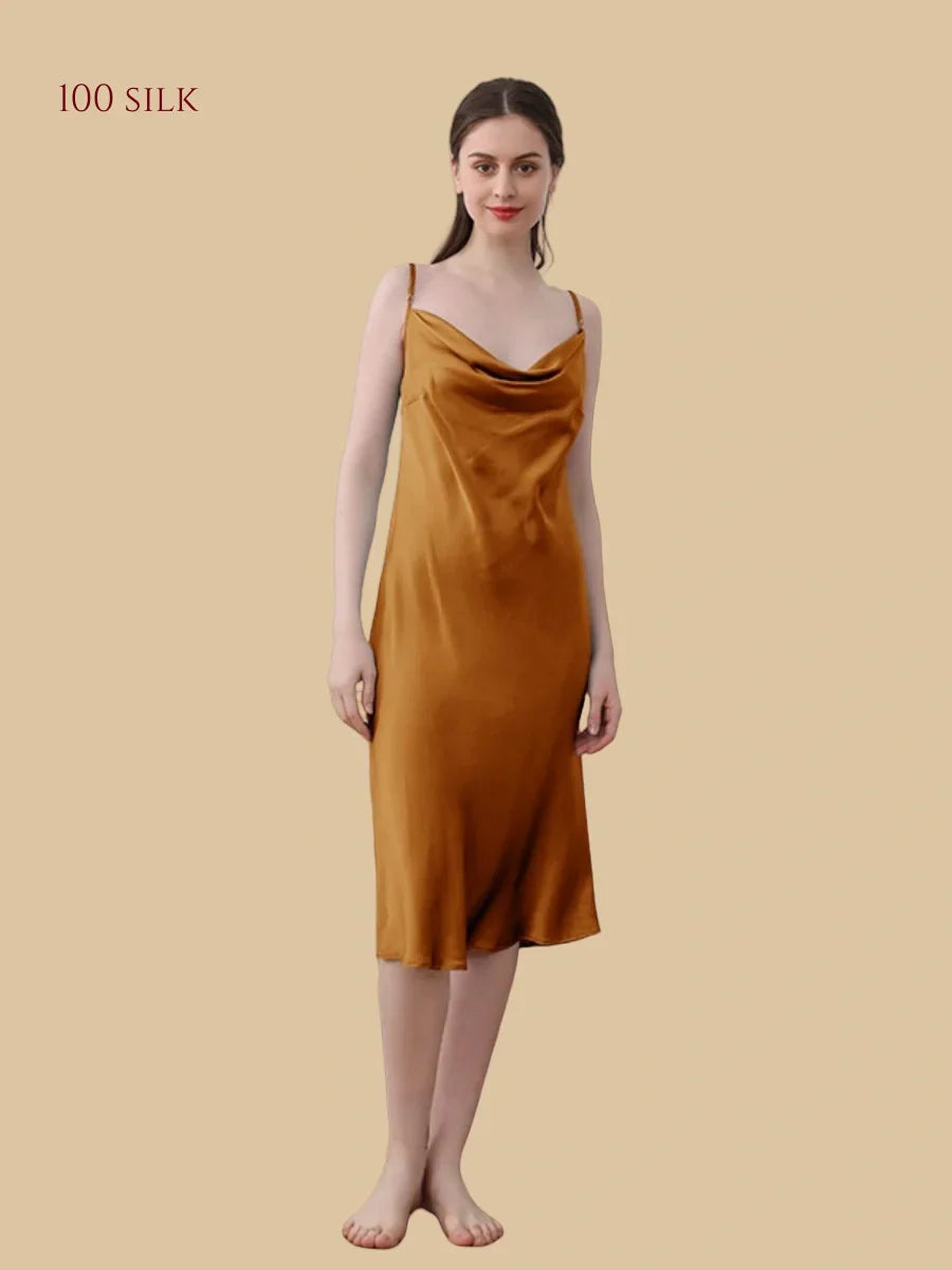100% Mulberry Silk 19Momme Cowl Neck Spaghetti Strap Midi Nightgown