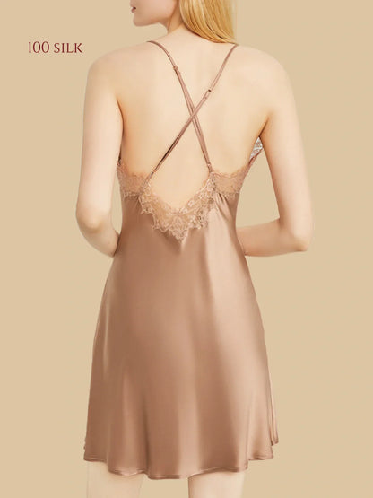 100% Mulberry Silk 19Momme Lace Trim Nightgown &amp; Kimono Robe Set