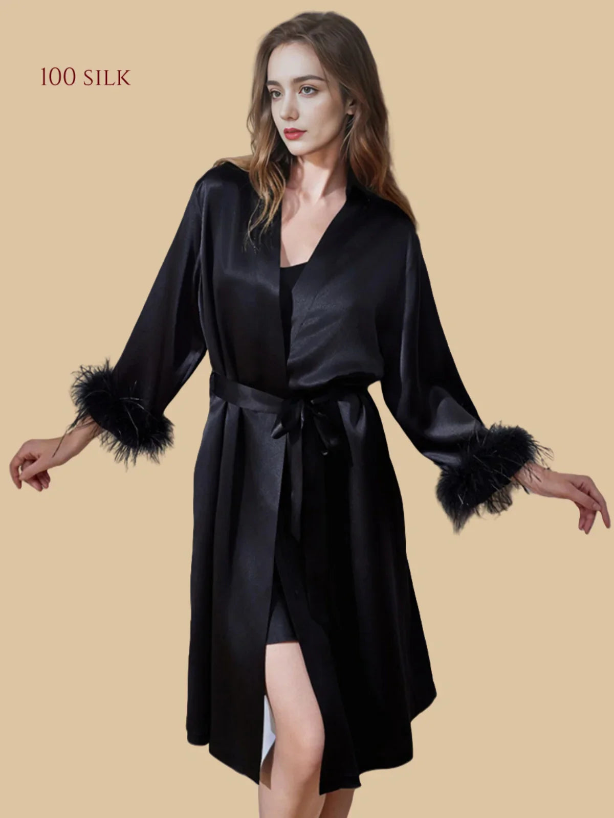 100% Mulberry Silk 19Momme Midi Kimono Robe &amp; Nightgown with Feather-Trim Cuffs