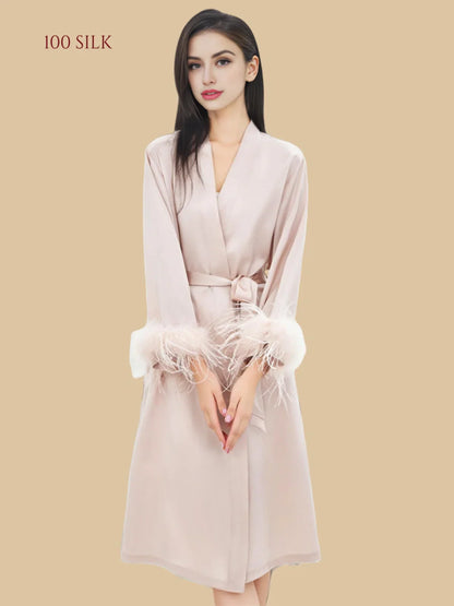 100% Mulberry Silk 19Momme Midi Kimono Robe &amp; Nightgown with Feather-Trim Cuffs