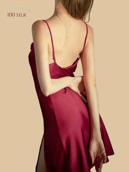 100% Mulberry Silk 19Momme Spaghetti Strap Nightgown with Side Slit Design